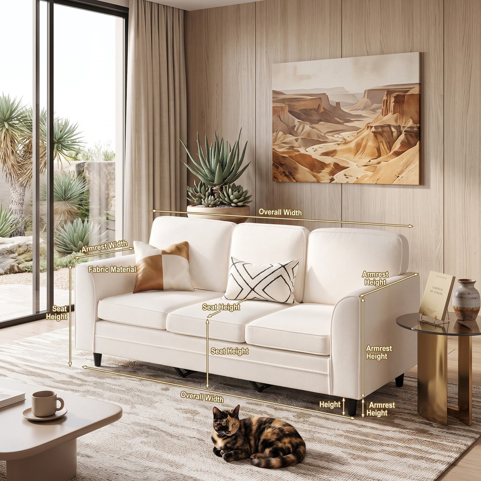 Furnibear Modern Teddy Velvet 3-Seat Sofa, Upholstered Couch with Comfy Back Pillows and S-Spring Support for Living Room Bedroom Office, 485 lbs Capacity, White