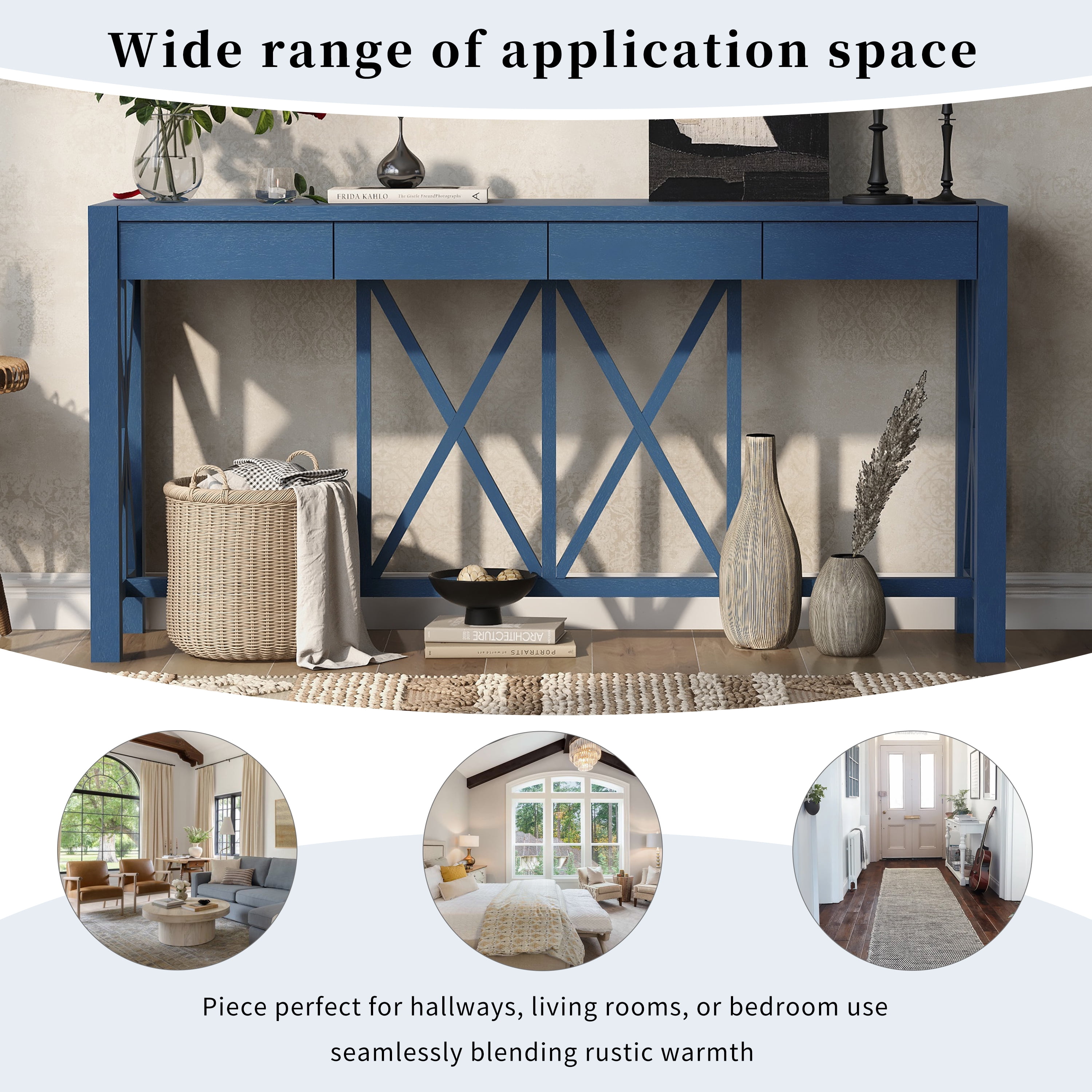 Euroco 60" Wood Console Table with 4 Drawers,Farmhouse Narrow Long Entryway Table Sofa Table with Open Bottom Storage for Living Room,Kitchen,Hallway,Navy Blue