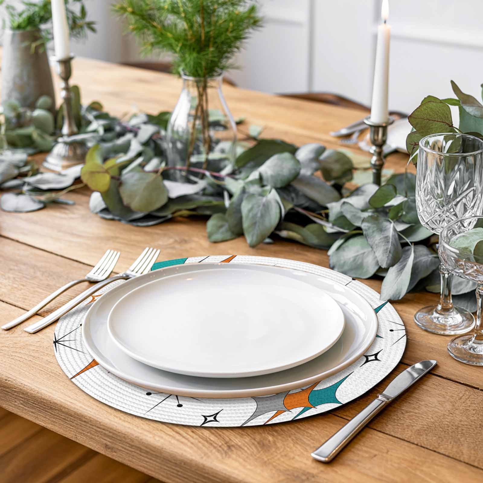 Mid Century Modern Round Table Placemats set of 8, Turquoise Orange Grey Washable Woven Place Mats for Dining Tables Kitchen Party Decor,Heat Proof, 15in,