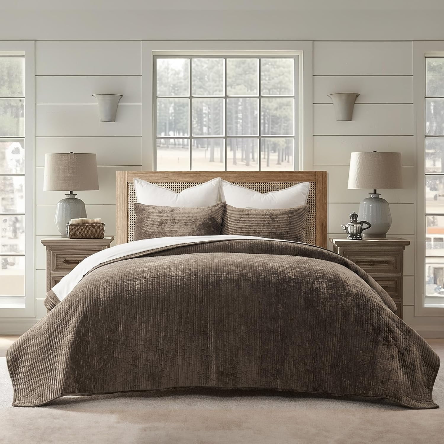 EVERGRACE Velvet Quilt Set King Size, Luxurious Soft Quilted Bedding Sets, Lightweight Velvet Comforter for All Season, Striped Channel Bedspread Coverlet with 2 Shams, Mushroom Brown