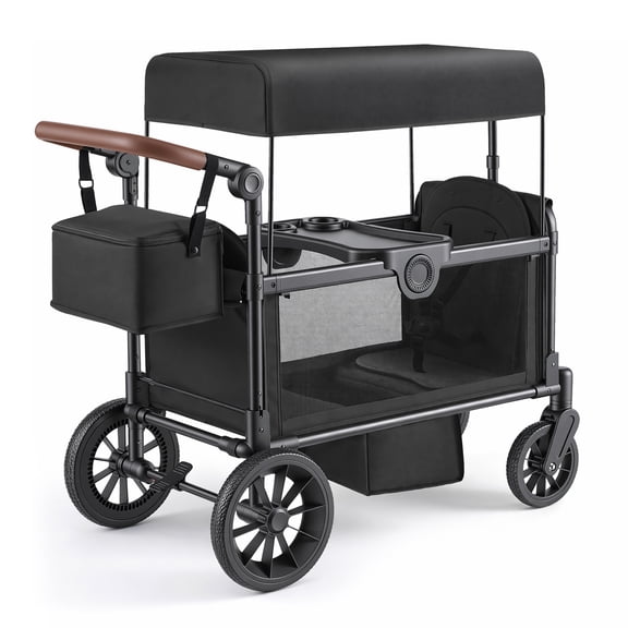 HARPPA Wagon Stroller for 2 Kids, Foldable Kids Wagon with Canopy, 5-Point Harness,Bench Seat, All-Terrain Toddler Wagon Stroller, Black