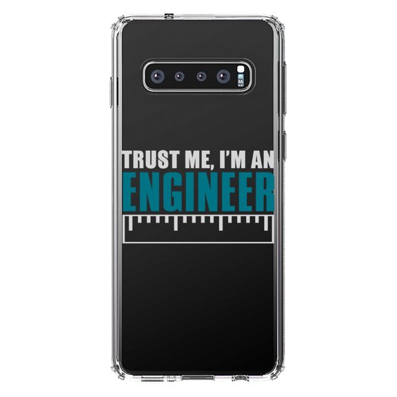 DistinctInk Clear Shockproof Hybrid Case for Samsung Galaxy S10 (6.1" Screen) - TPU Bumper Acrylic Back Tempered Glass Screen Protector - Trust Me I'm an Engineer