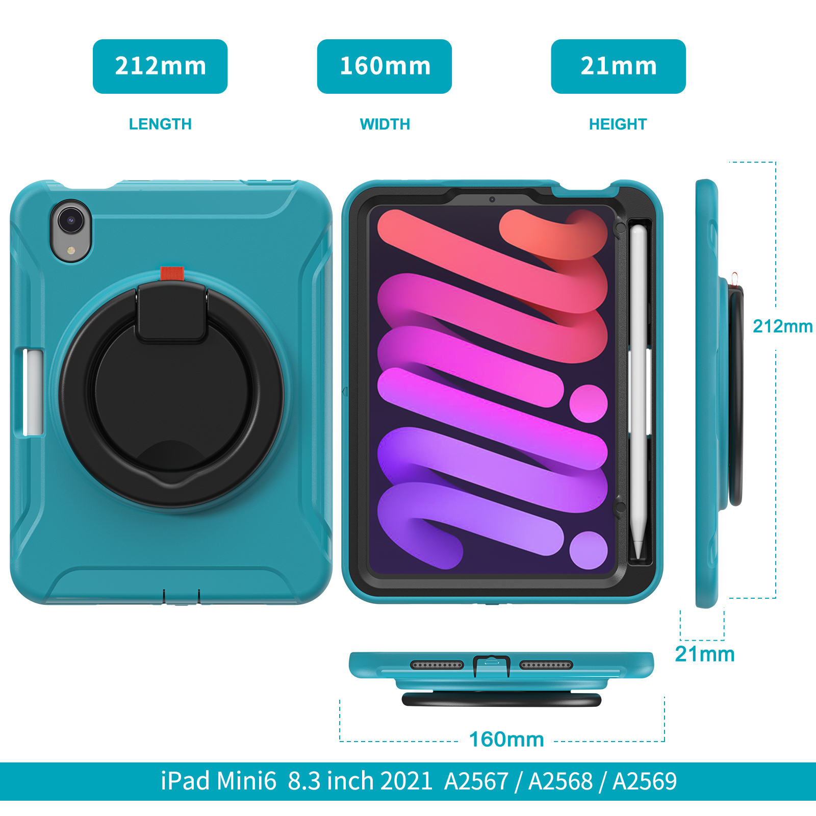Portable Rugged Case for 2021 Apple iPad Mini 8.3-Inch (6th Generation 2021 Release) - Rotating Stand Handle Case, Built-in Pencil Holder, Lightweight Shockproof Hard Composite Cover (Dark Green)