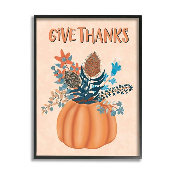 Give Thanks Fall Botanical Blooms Holiday Graphic Art Black Framed Art Print Wall Art