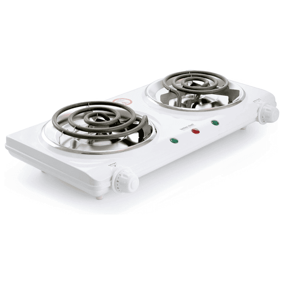 Electric Double Burner, Countertop Hot Plate - 1500W Portable Electric Stove with Adjustable Control, Thermal Shut-Off & Non-Skid Feet - White Enamel Finish