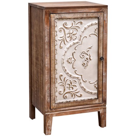 eHemco Vintage Florentine End Table with Floral Door Panel, 16.5 x 14 x 31 Inches, Indoor Storage Cabinet, Natural and Cream Finish