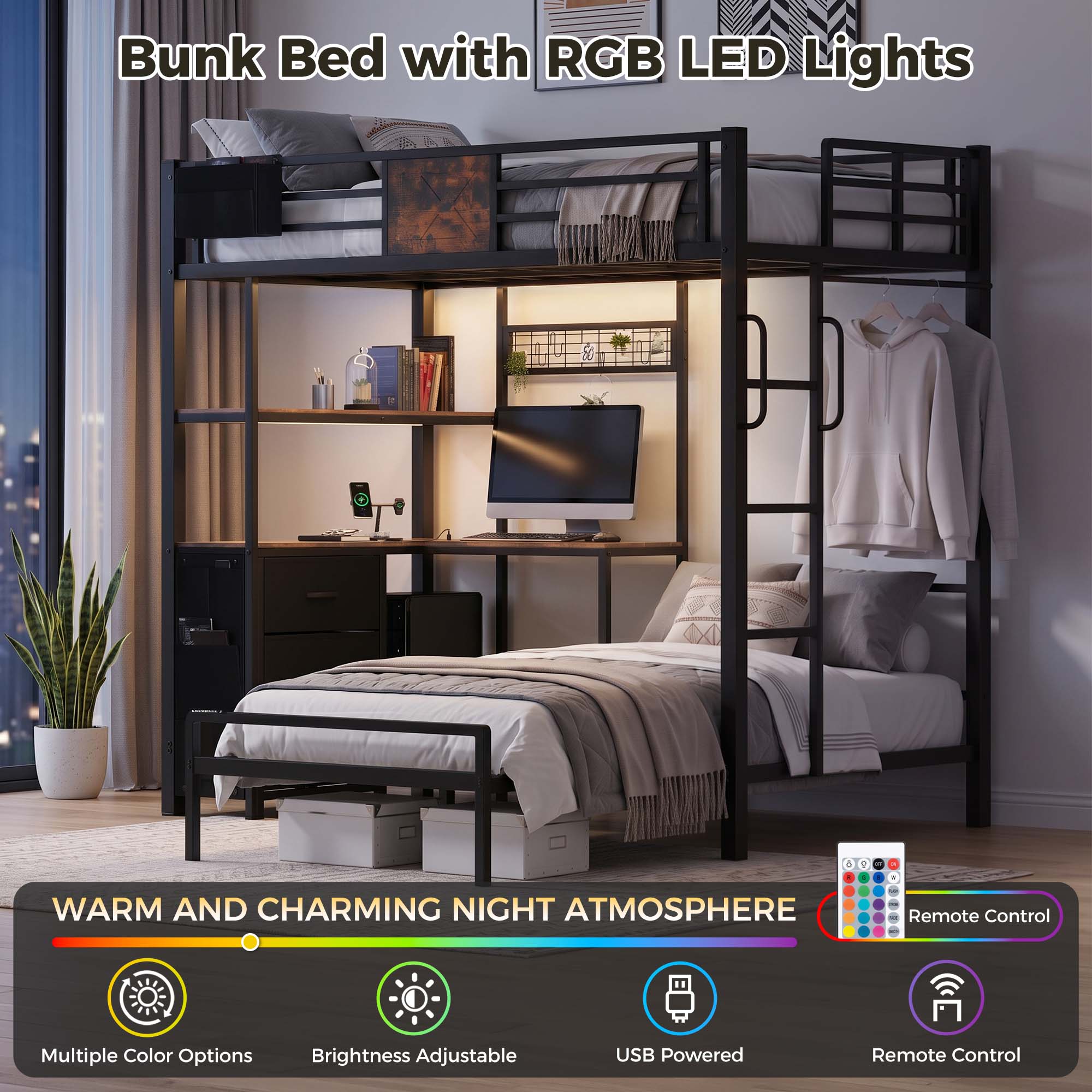Miniyam Twin XL Over Twin Metal Bunk Bed with L-Shaped Desk, Storage Drawers, RGB LED Light and Charging Station, Black
