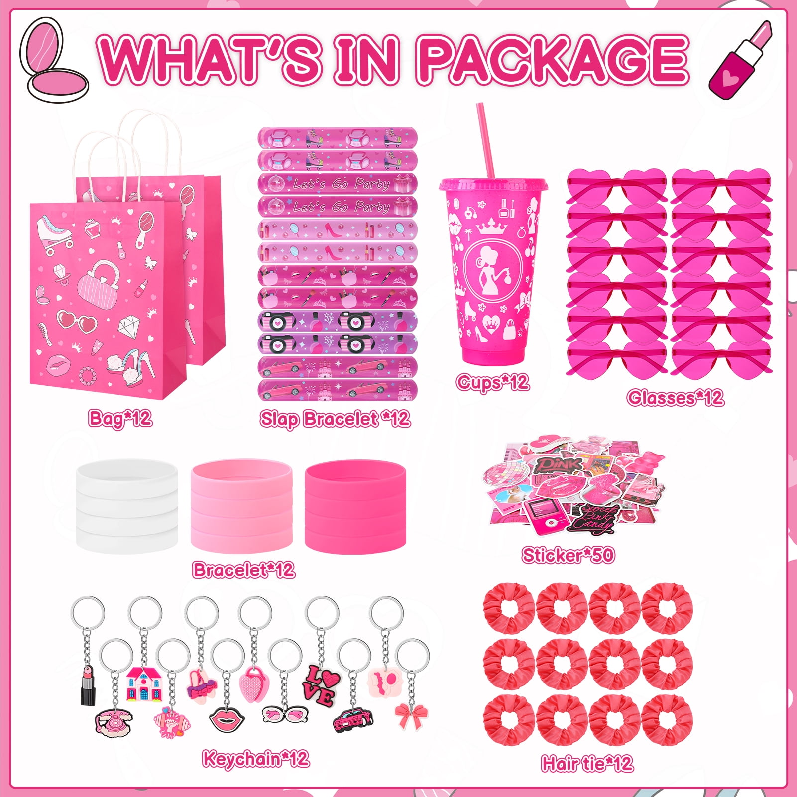 sixwipe 134 Pcs Princess Party Favor Set, Pink Birthday Party Supplies, Treat Box Stuffers Include Customized Plastic Tumblers, Sunglass, Bracelets, Hair Ties for Girl Birthday Supplies