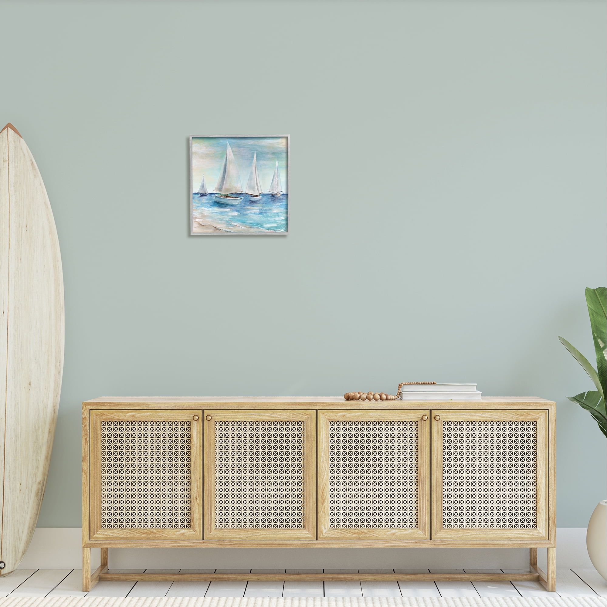 Stupell Industries Sailboats Floating Peacefully Daytime Beach Shoreline Painting Painting Gray Framed Art Print Wall Art, Design by Marilyn Dunlap