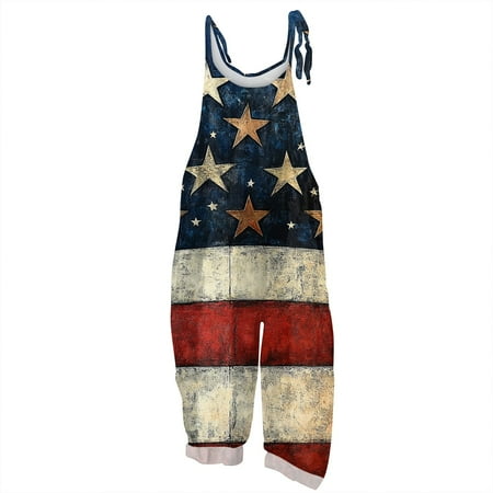 MGCWSH Independence Day Jumpsuits for Women Red White and Blue Jumpsuits Linen Stars and Stripes Wide Leg One Piece Long Overalls Spaghetti Strap Soft 2025 Rompers Vermilion 2XL