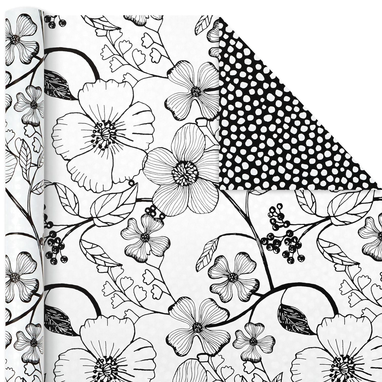 Ensemble de papier d'emballage réversible pour toutes les occasions, Hallmark – Fleurs noires et blanches et pois (3 rouleaux – 75 pieds carrés au total)