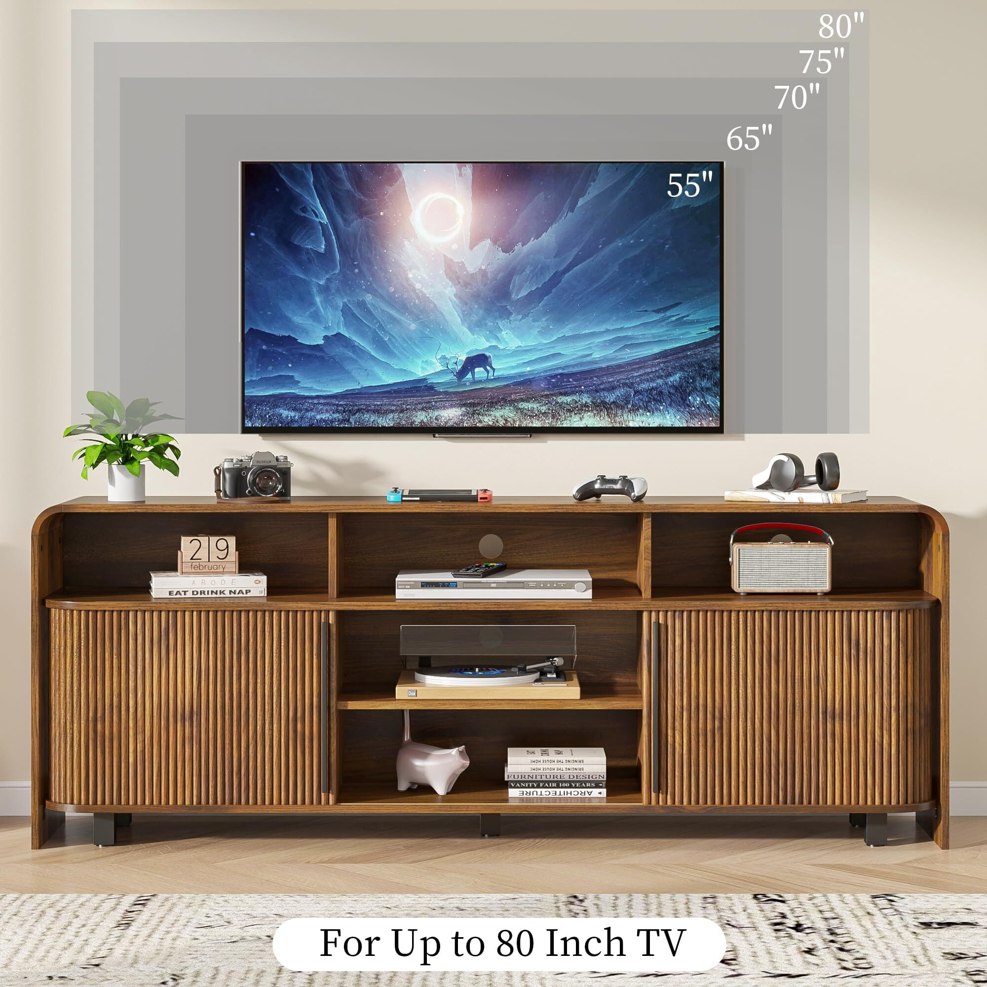 Fluted TV Stand for 65-80" TV, 70" Mid Century Modern Console, Large Walnut Entertainment Center with Storage, Sliding Doors