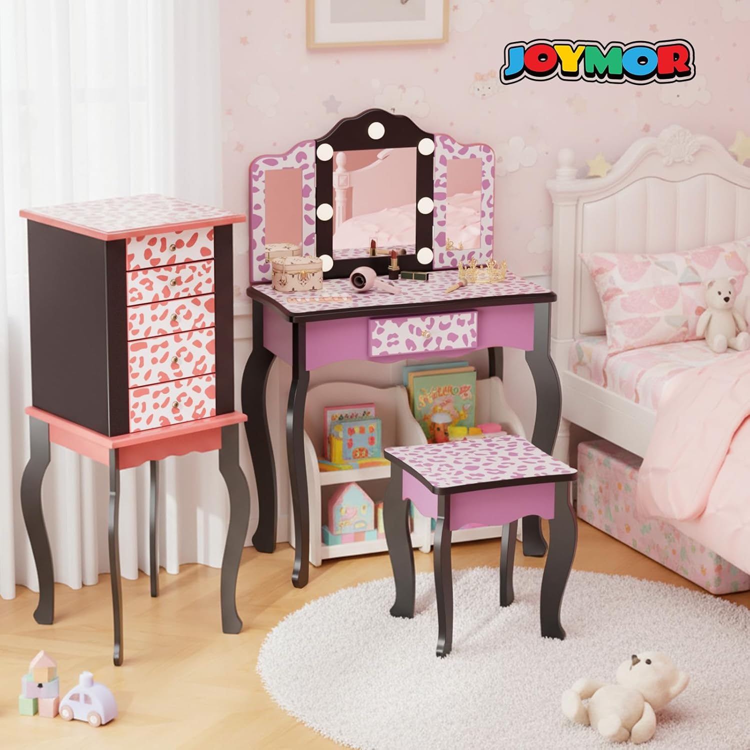 Matladin Kids Vanity Table and Chair Set with Leopard Print, Tri-Fold Mirror & Lights, Girls Vanity, Princess Makeup Desk for Girls