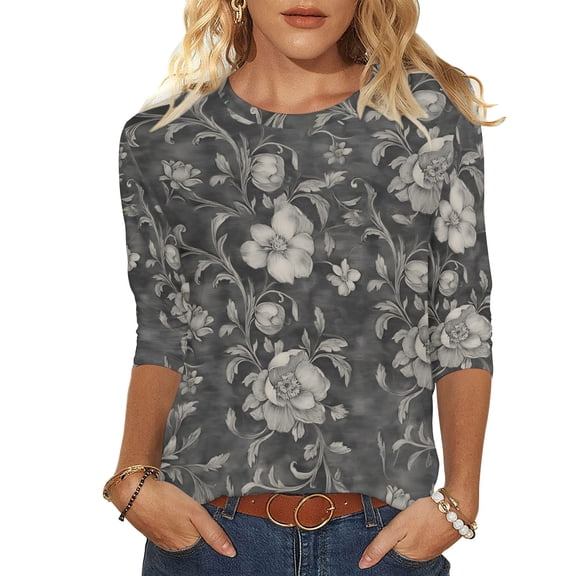 Enjoytime Womens Shirts Casual Floral Printed Crewneck 3/4 Sleeve Blouses Spring Summer Trendy Business Work Shirts