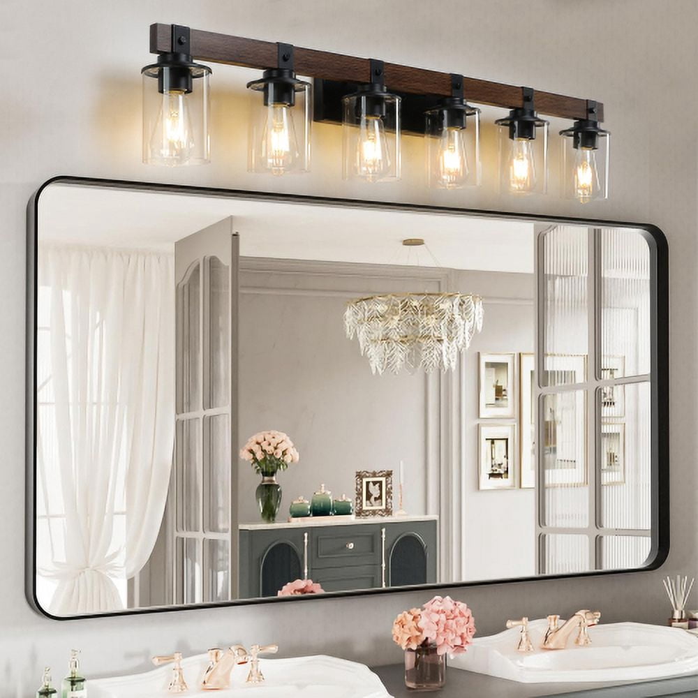 Hi-LIGHTS,6-Lights Farmhouse Rustic Bathroom Light Fixture with Glass Lampshade(Bulbs Not Included),Vanity Lights Fixture for Bathroom,Dressing Room,Bedroom,Living Room(Black)