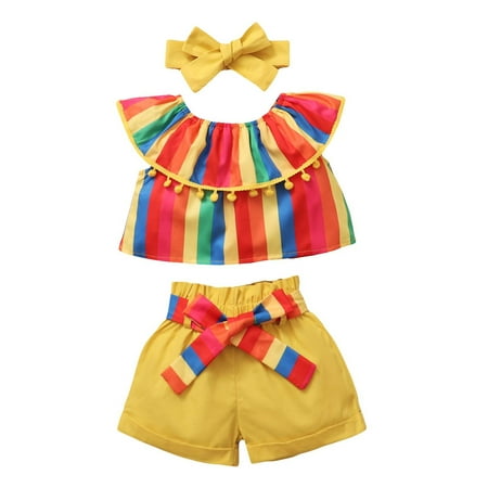 

REORIAFEE Baby Girl Outfit Summer Girls Childrens Clothing Sleeveless Shorts Bow Headband Three Piece Set Yellow 6-12 Months