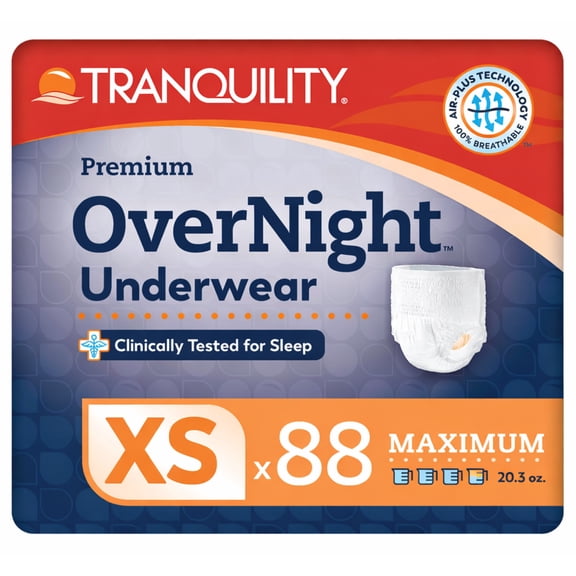 Tranquility Premium OverNight Disposable Absorbent Underwear, X-Small, Maximum Protection, 88 ct Case