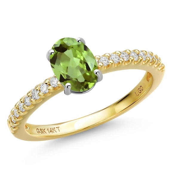 Gem Stone King 14K Two Tone Gold Green Peridot and Lab Grown Diamond Engagement Ring for Women | 1.06 Cttw | Oval 7X5MM | Gemstone August Birthstone | Size 9