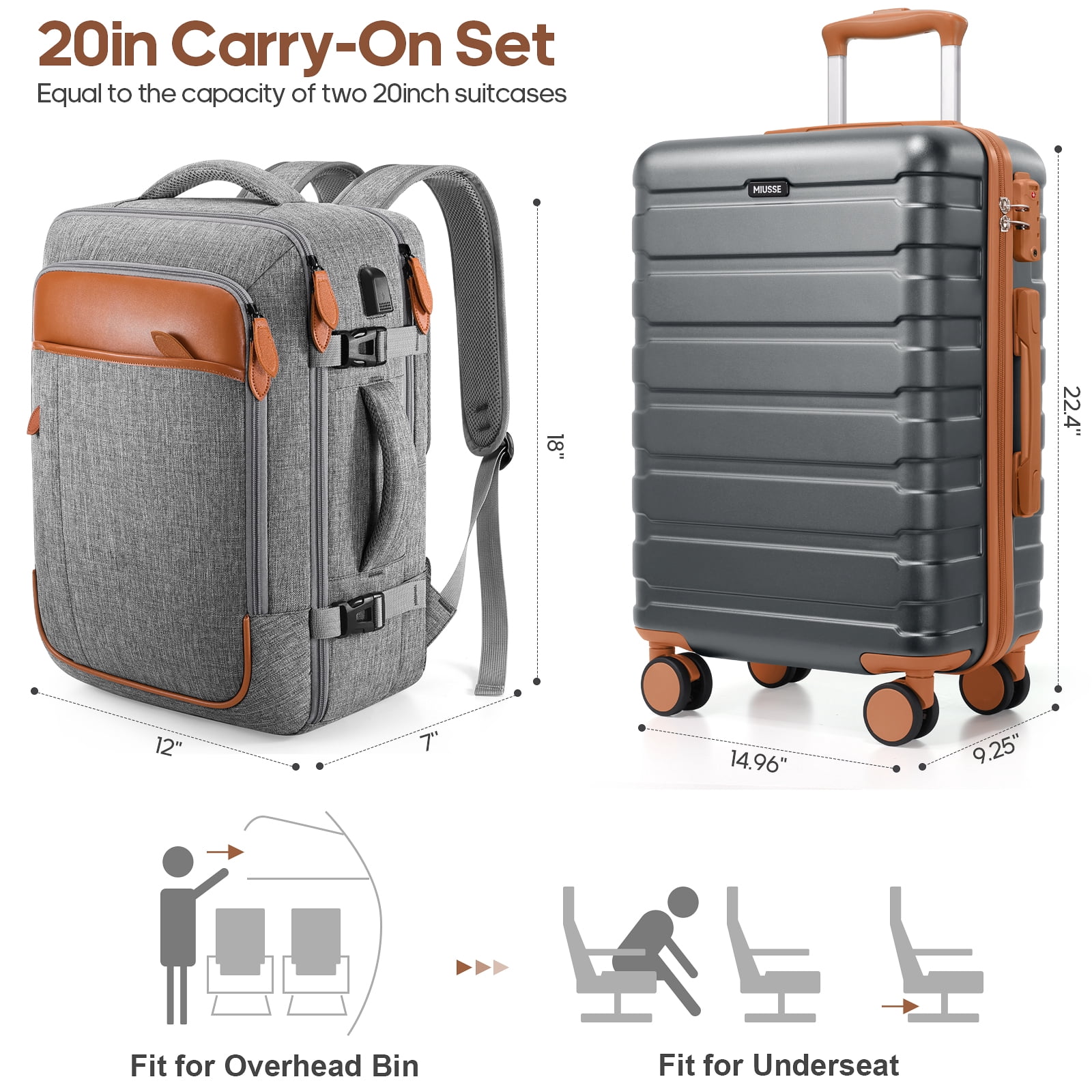 MIUSSE Carry on Luggage Set 3 Piece Hard Shell Luggage Sets with YKK Zipper Spinner Wheels TSA Lock Carry on with Backpack Set