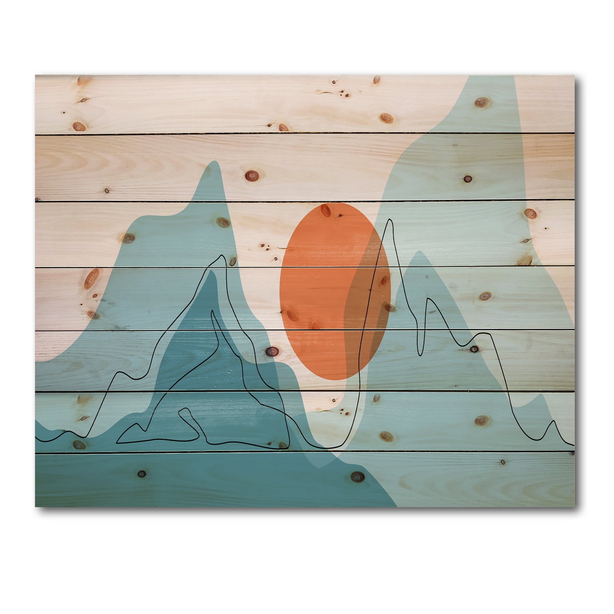 Designart 'Abstract Blue Mountains With Red Moon I' Modern Print on Natural Pine Wood
