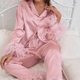 thumbnail image 2 of BKQU-Pijama de plumas para mujer, de 2 piezas ropa de dormir, Tops de manga larga con cuello vuelto, conjuntos informales de satén con pantalones, Otoño, 2023, 2 of 4
