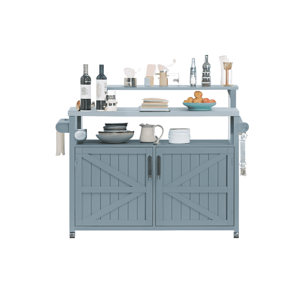 K&K 53.3" Outdoor Kitchen Island with Raised Shelf, Solid Wood Storage Cabinet with Stainless Steel Top, Outdoor Rolling Grill Cart with Internal Storage Rack, Adjustable Shelf, Spice Rack, Grey Blue