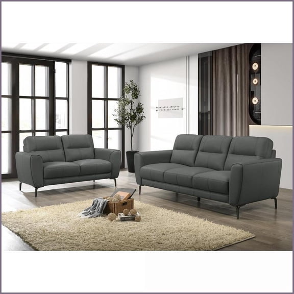 Anthracite Gray Contemporary Top Grain Leather 2pc Sofa Set – 82” Sofa & 60” Loveseat with Pillows | Leather | Square Arms | Tight Back