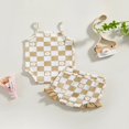 thumbnail image 4 of Infant Baby Girl Summer Clothes Set Checkerboard Plaid Floral Print Sleeveless Romper+Ruffle Shorts Outfit, 4 of 9