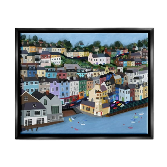 Stupell Industries Seaside City Neighborhood Streets Graphic Art Jet Black Floating Framed Canvas Print Wall Art, Design by Carla Daly