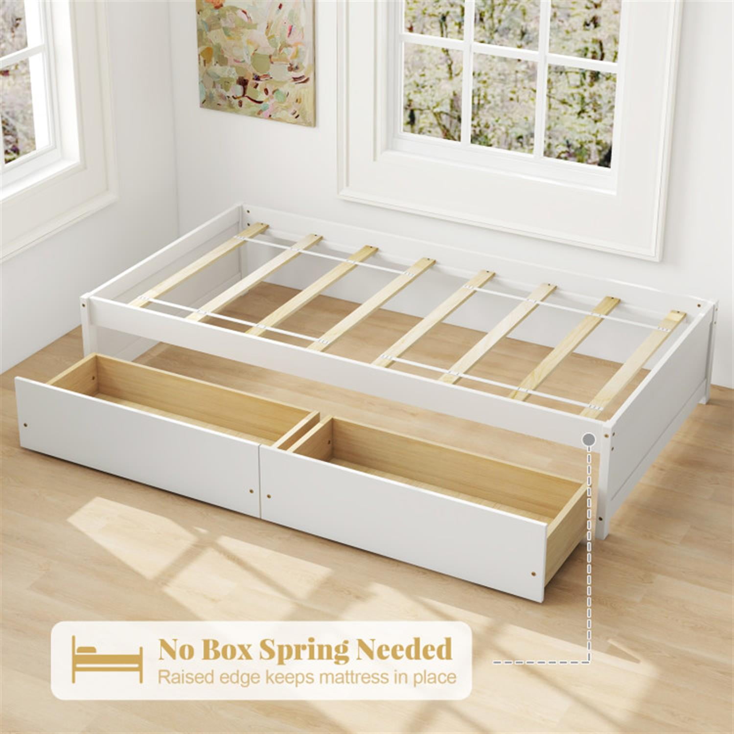 Demi Bonn Twin Size Bed Frame with 2 Drawers and Slats Support, Wooden Captain Bed for Bedroom, White