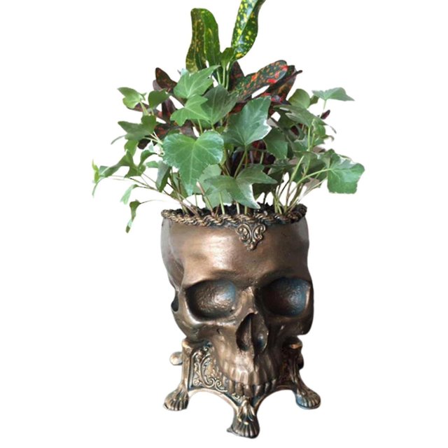 Maceta de resina con forma de calavera hecha a mano, adorno artesanal, regalo creativo de Halloween para el hogar y el jardín, 1 pieza de latón