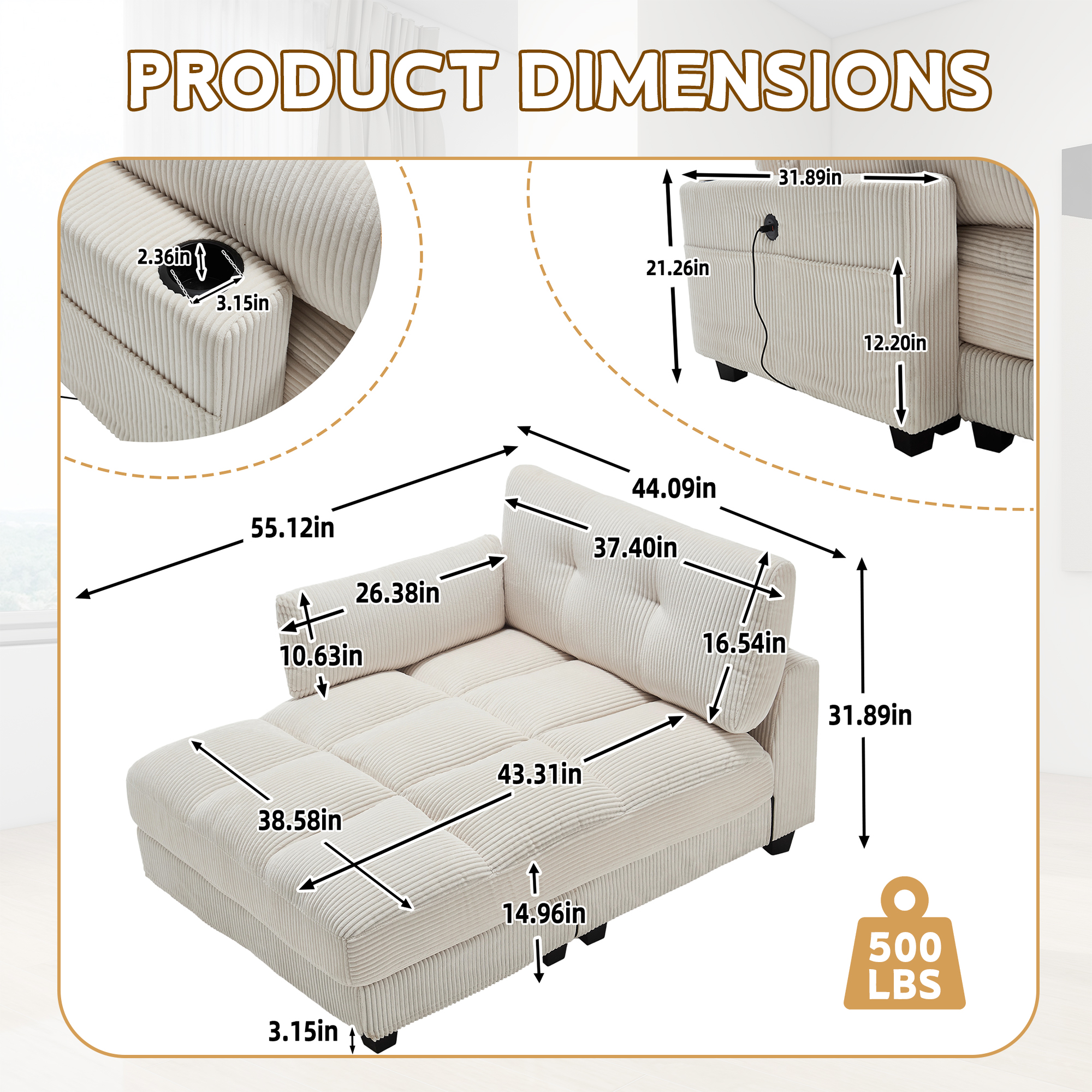 MOONMISS Corduroy Upholstered Soft Deep Seat Sleeper Sofa with USB,TYPE-C&2 Cup Holders-Beige