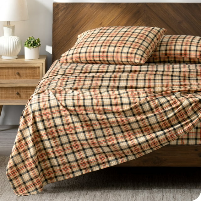 Bare Home Flannel Sheet Set - 100% Cotton - Deep Pocket - Full, Red Lodge Plaid, 4-Pieces