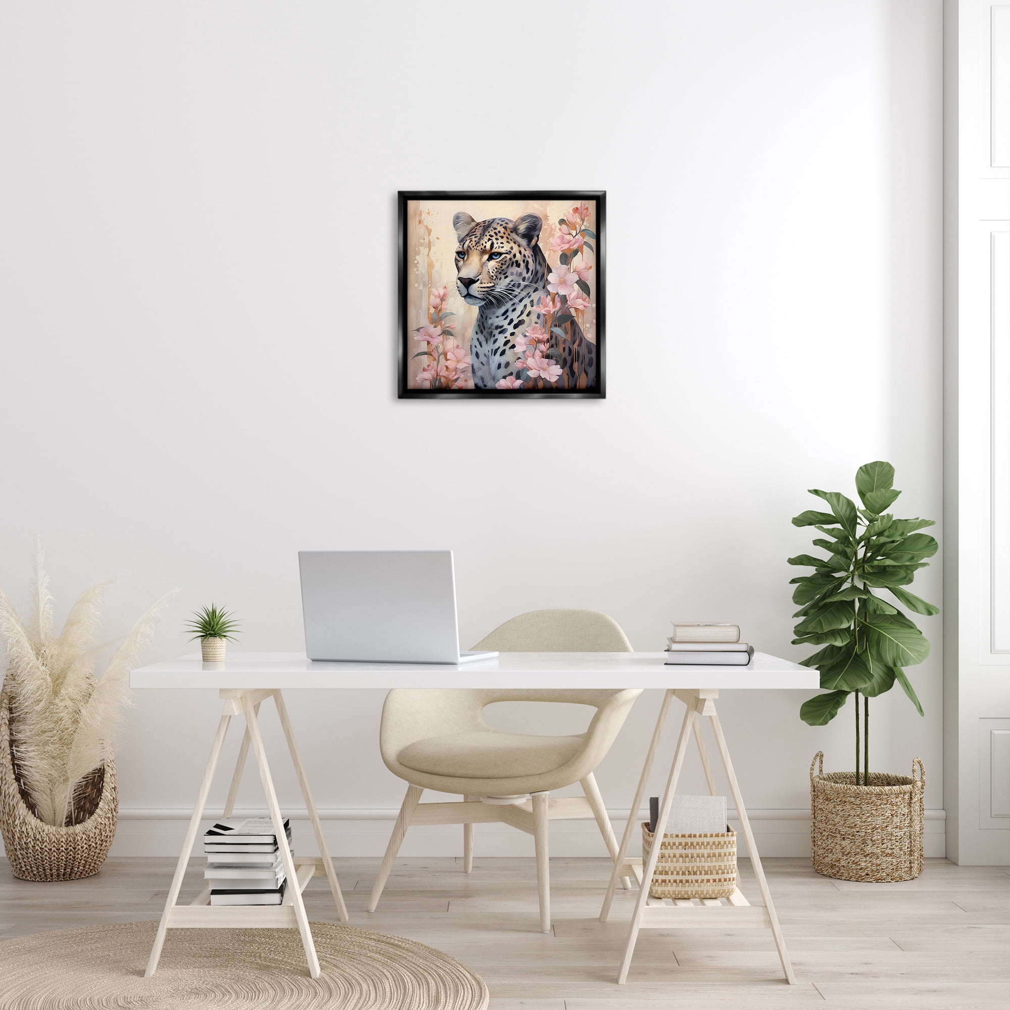 Stupell Industries Leopard with Pink Flowers Animals & Insects Painting Black Floater Framed Canvas Art Print Wall Art, 25 x 25