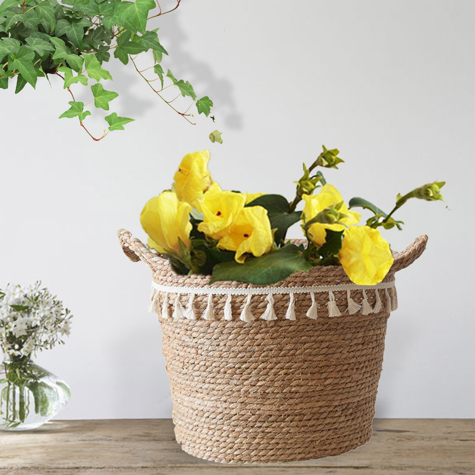 Fdelink Flower Pot Seagrass Wicker Basket Flower Pot Folding Basket Storage Basket Decoration