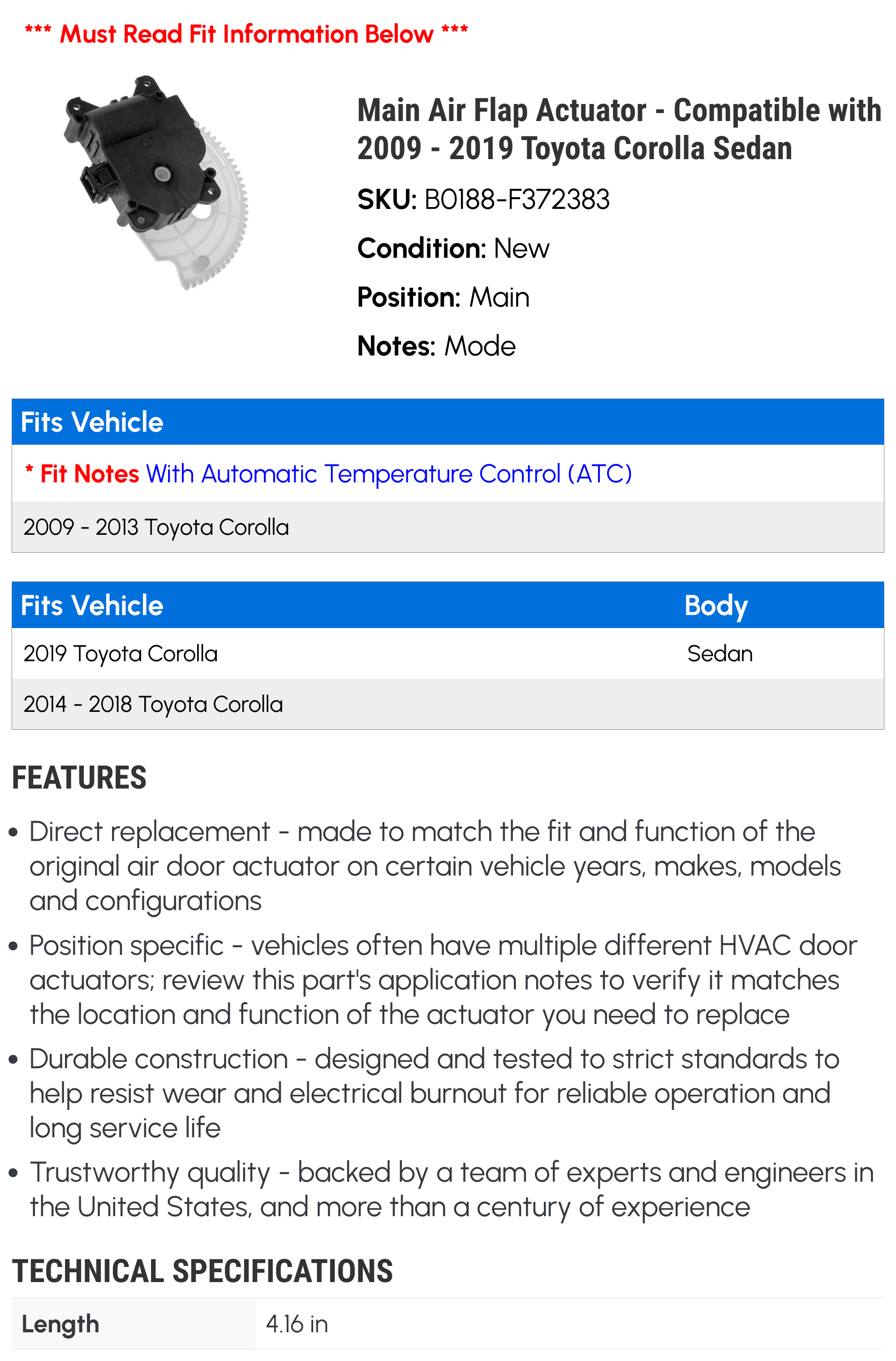 Main Air Flap Actuator - Compatible with 2009 - 2019 Toyota