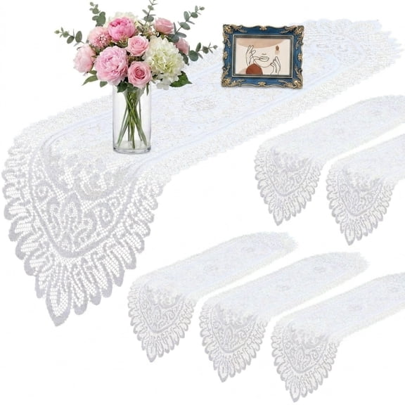 6 Pack White Cotton Crochet Lace Table Runner, 13×45 Inch Rustic Doily Dresser Scarf for Wedding Party & Home Dining Decor