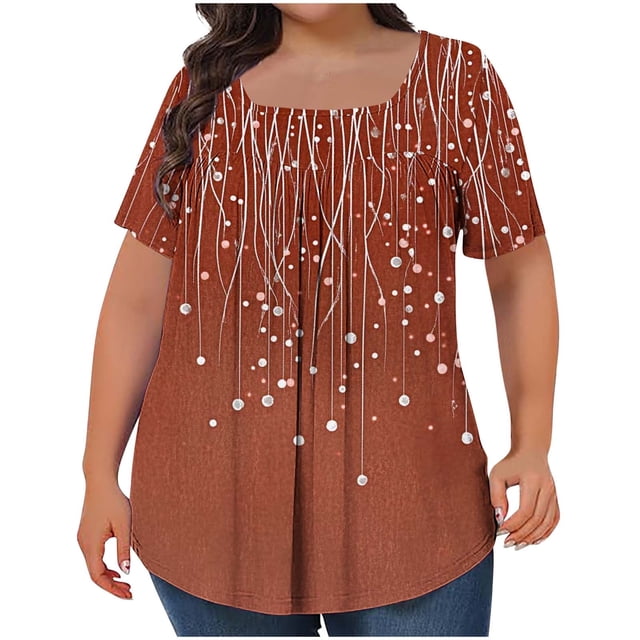 Tops Cortos para las Mujeres Impreso Cuello de Gran Tamaño Plisado Manga Corta Suelta Superior en Tamaños Más L-5xl