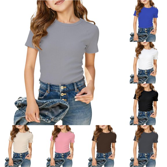 Gunia Little Girls Tshirts Stylish Short Sleeve Summer Slim Fit Crew Neck Tops Ribbed Knit Tees Tops Basic Clothes For Kids 5-14Y T-Shirts Light Gray 5-6 Years
