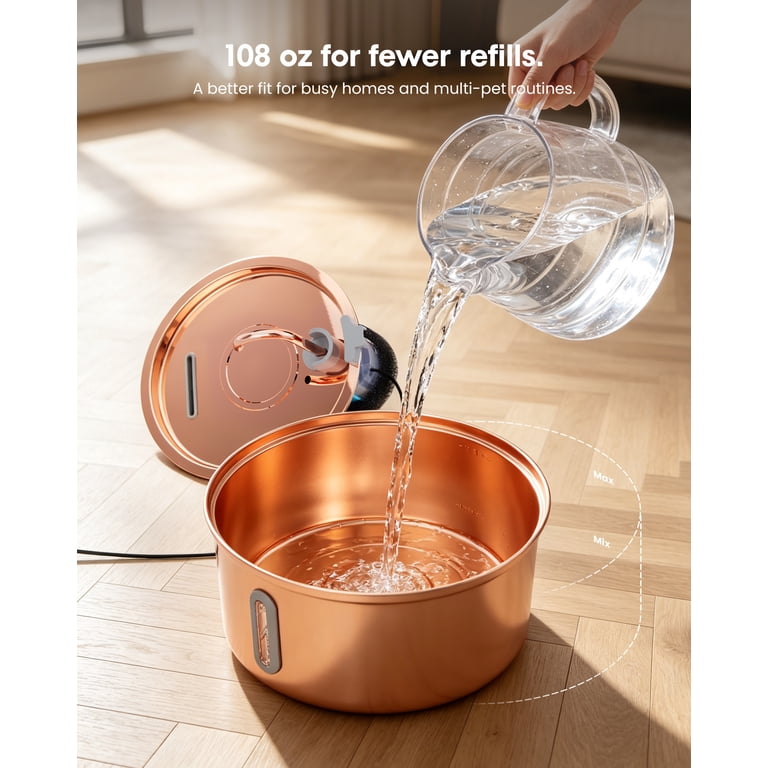 FWMB Copper Stainless Steel Cat Water Fountain, 108oz/3.2L