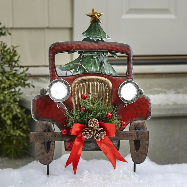 Vintage Truck Christmas Garden Stake with Solar Lights, Faux Tree and
