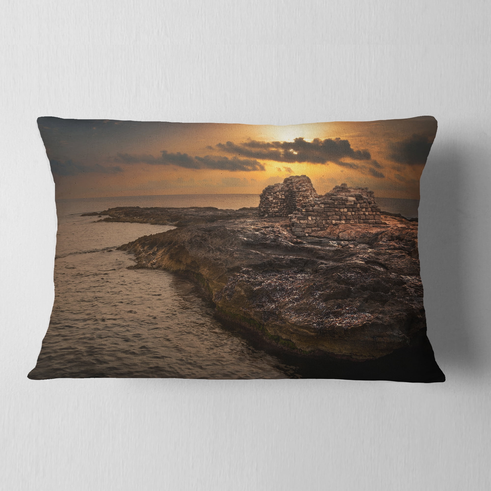 Designart Rocky Coast with Ancient Ruins - Oversized Beach Throw Pillow - 12x20