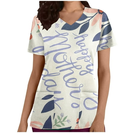 

Pejock Women s Pocket Scrub Top Mom Mother s Day Print Short Sleeve V-Neck Wrap Scrubs Soft Stretch Nursing Workwear Blouse Shirt Gray M (US Size:6)