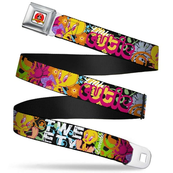Looney Tunes Belt, Seatbelt Buckle Belt, Tweety Bird Poses Little Cutie Loveable Black Multi Color, Youth 22 to 32 Inches
