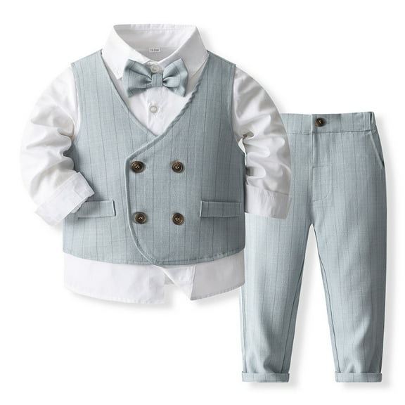 ETHAN 4 Piece Toddler Boy Clothes Suit Gentleman Wedding Outfits Dusty Blue 12-18 Months