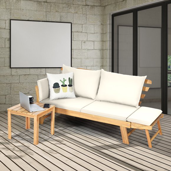 Gymax Adjustable Patio Sofa Daybed Acacia Wood Furniture w/ White Cushions