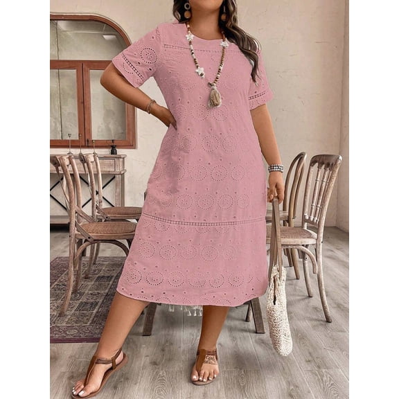 Dusty Pink Plus Size Eyelet Embroidered Woven Round Neck Short Sleeve Midi Dress For Women