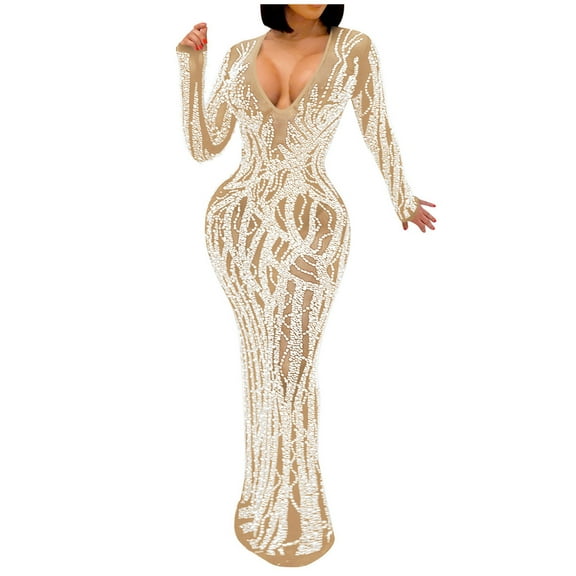 Lilgiuy Women's Nightclub Net Yarn Perspective Hot Drilling Mesh V Neck Long Sleeve Dress Long Dress Beige Fall for 2022 Spring Winter