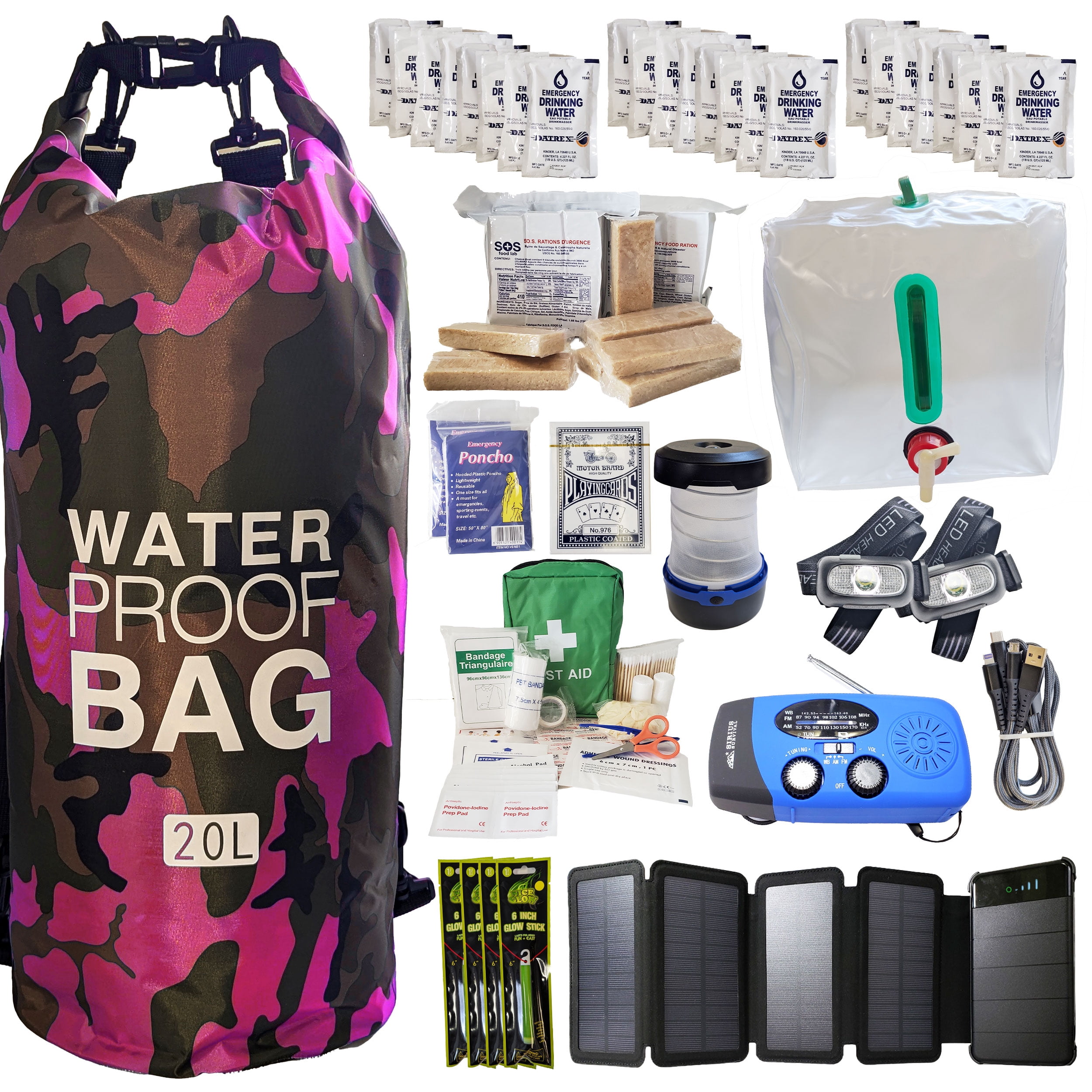Sirius Survival Pre-Packed Hurricane Kit - Comprehensive Hurricane Preparedness Items - Essential Hurricane Supplies - Complete Hurricane Supply List in a Waterproof Bag for 2 People - Pink Camo