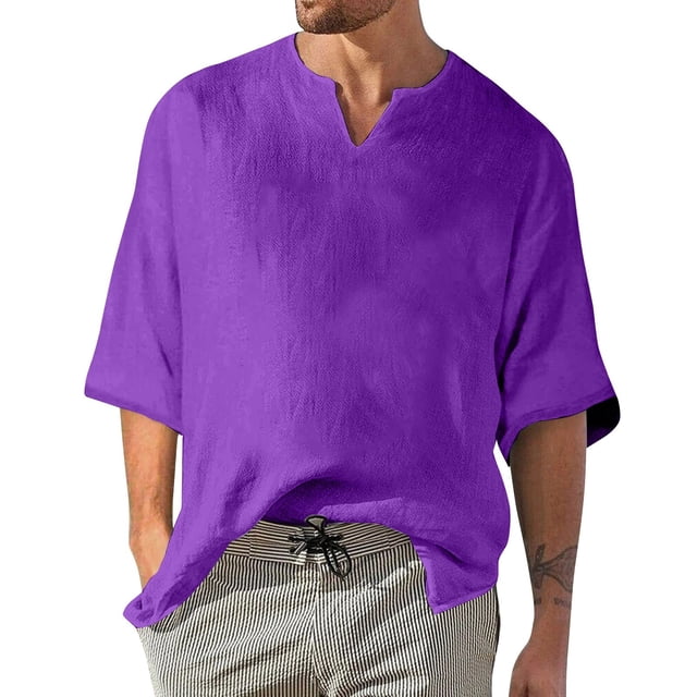 Men's Solid Color Pleated Quarter Sleeve Top Men's Retro V-Neck Top6XL